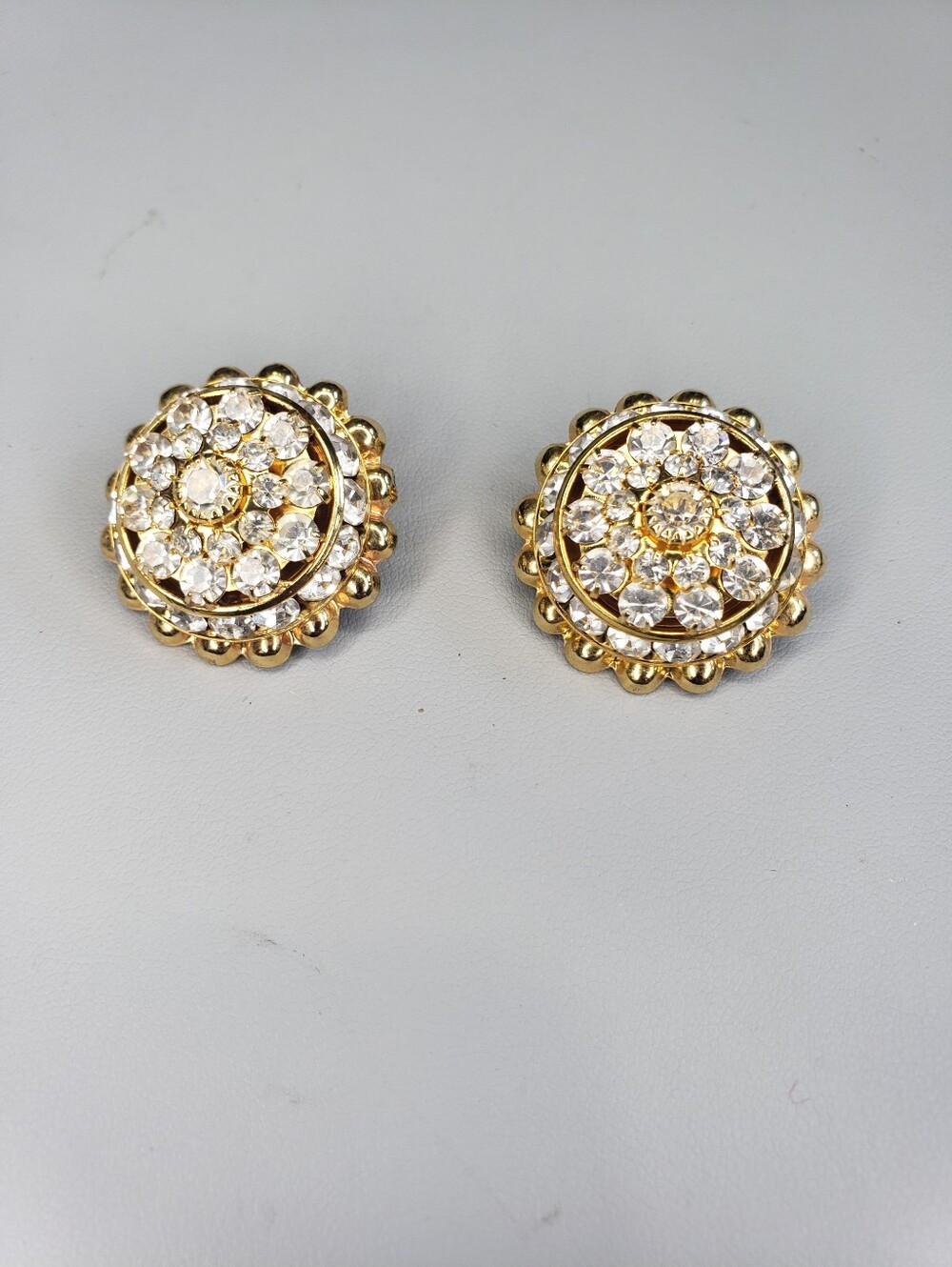 Gold Crystal Round Floral Button Earrings - Women Jewelry